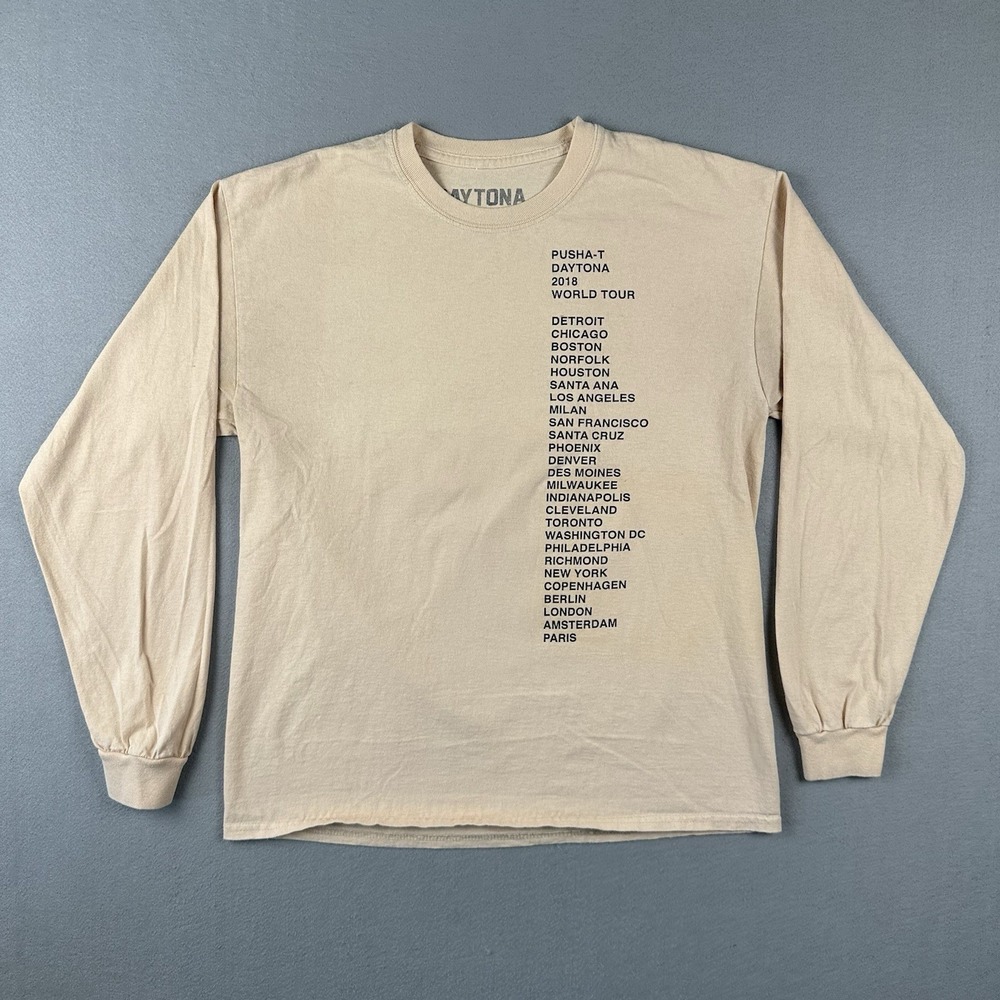 Pusha-T Daytona Tour Shirt Men's Large Beige Long Sleeve 2018 World Tour Rap